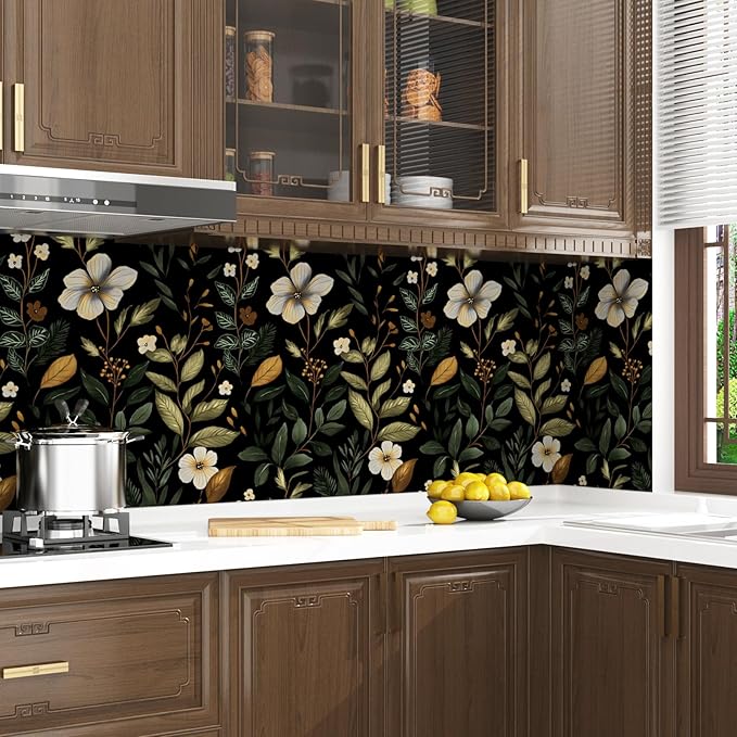 Laatse Green Wallpaper Peel and Stick Vintage Dark Black Floral Wallpaper Waterproof Self Adhesive Removable Boho Leaf Wall Paper Modern for Bedroom Walls Drawer Cabinet 17.5in x118in