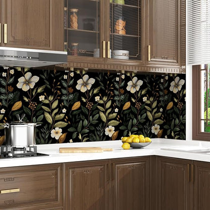 Laatse Green Wallpaper Peel and Stick Vintage Dark Black Floral Wallpaper Waterproof Self Adhesive Removable Boho Leaf Wall Paper Modern for Bedroom Walls Drawer Cabinet 17.5in x118in
