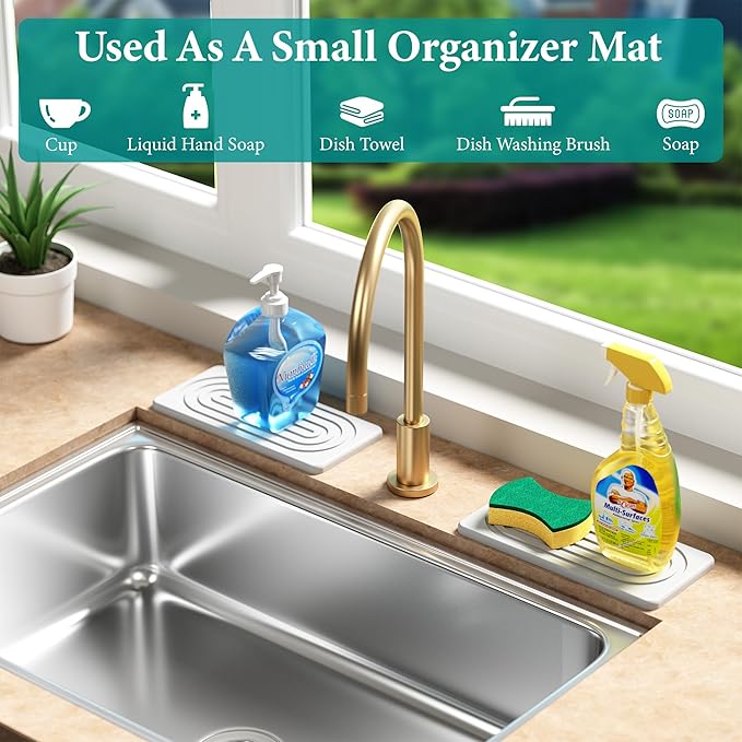 Water Absorbing Stone Tray, Quick Drying Diatomite Bathroom Tray Countertop, Stone Drying Mat for Kitchen Counter, Soap Dish Dispenser Vanity Organizer, White-B-8.3" x 4"