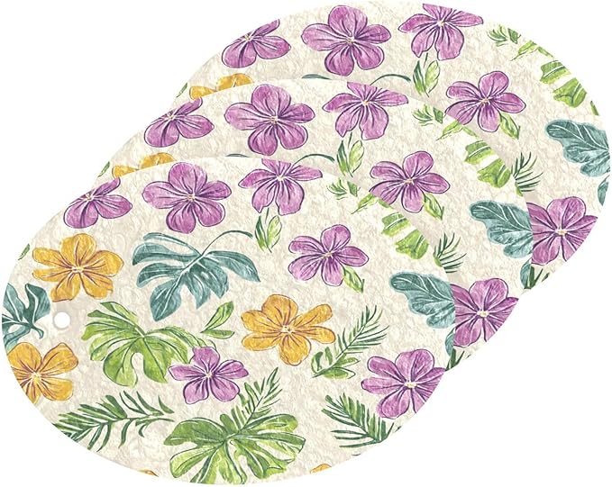 Tropical Flowers Leaves Kitchen Scrub Sponges, Pop-up Kitchen Cleaning Sponges Reusable Dish Washing Sponges for Bathroom Household Cleaning 3 Pack - Non Scratch Scrubber