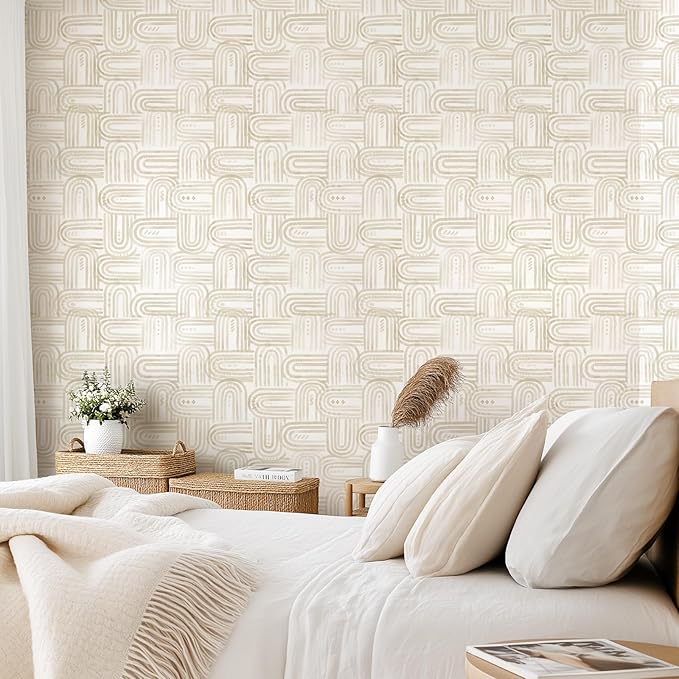 Modern Peel and Stick Wallpaper Beige Wallpaper 17.3" x 200" Boho Abstract Geometric Contact Paper Waterproof Wall Paper for Bedroom Cabinets Furniture Vinyl