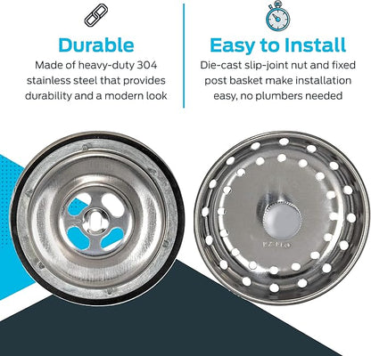 EZ-FLO Kitchen Sink Strainer Fits 3-1/2 Inch Opening, Sink Drain Assembly with Brass Slip-Joint Nut and Fixed-Post Basket, Stainless Steel, 30003