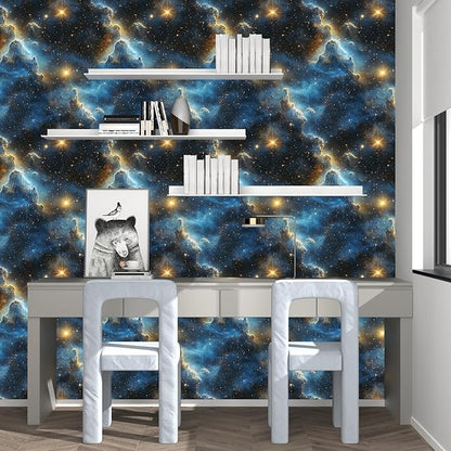 Fvlow Starry Night Sky Wallpaper Peel and Stick 17.4" x 118" Dark Blue Galaxy Contact Paper Modern Space Wallpaper for Bedroom Cabinet Bathroom Home Decor