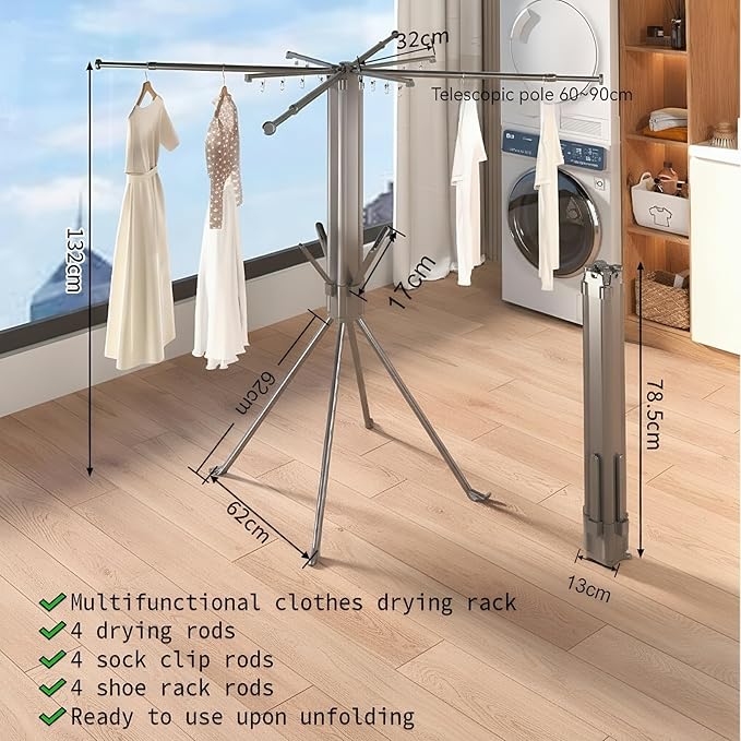 cjc Foldable Clothes Drying Rack, Drying Rack Clothing,Collapsible Drying Racks for Laundry Used for Indoor, Outdoor, 4 Retractable Drying Rods + 4 Shoe Racks + 4 Sock Clips with 16 Clips/Grey