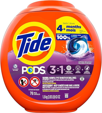 Tide PODS laundry detergent pacs, 3-in-1 Stain Remover, Odor Fighter, Color Protector, 76 Count, HE compatible, Spring Meadow Scent