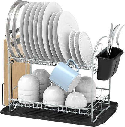 Simple Houseware 2-Tier Dish Rack with Drainboard, Silver