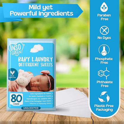 Baby Laundry Detergent Sheets for Infant, Toddler and Newborns, 80 Loads, Unscented – Gentle for Sensitive Skin - Washing Detergent for Baby Clothes