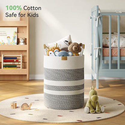 62L Striped Laundry Hamper with Leather Handles,Large Foldable Laundry Basket for Clothes,Cotton Rope Storage Bin for Blankets,Woven Clothes Basket for Bedroom,Gray Stripes