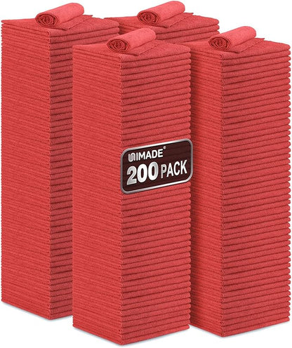 Shop Towel Rag, 200 Pack Reusable Rags Bulk Microfiber Cleaning Cloth Lint Free Towels for Car Kitchen Automotive Bar Mechanic Restaurant Garage, 11.5"x 11.5", Red