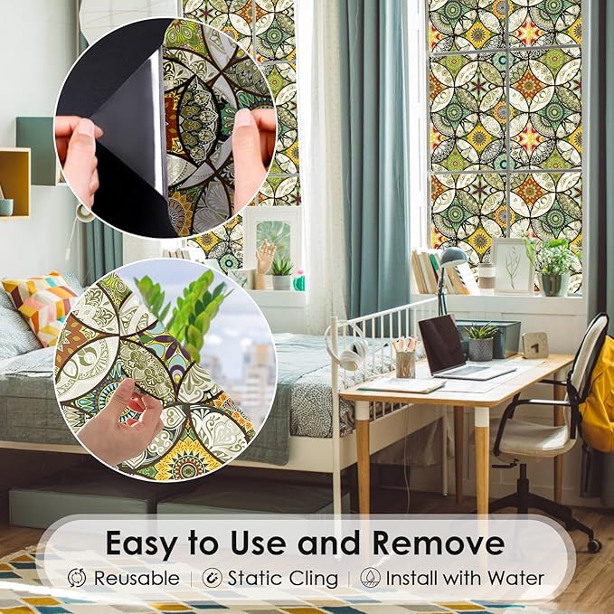 DKTIE Static Cling Decorative Window Film with Installation Tools Non Adhesive Privacy Film Stained Glass Window Film for Bathroom Shower Door Heat Cotrol Anti UV 17.7 x 118.1 Inch