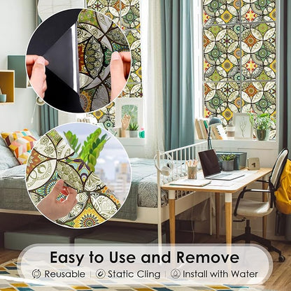 DKTIE Static Cling Decorative Window Film with Installation Tools Non Adhesive Privacy Film, Stained Glass Window Film for Bathroom Shower Door Heat Cotrol Anti UV, 17.7 x 78.7 Inch