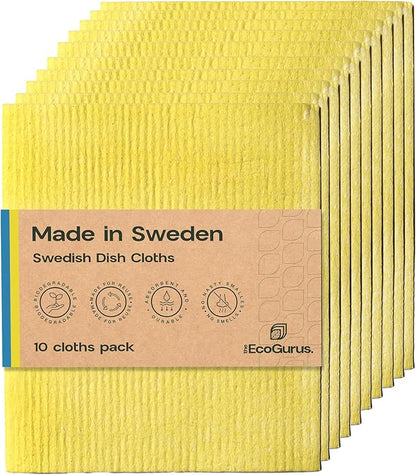 10 Pack Odour-Resistant Reusable Cleaning Cloths | Original Swedish Dishcloth | Made in Sweden | Suitable for All Surfaces | Biodegradable Cellulose Sponge | Kitchen & Bathroom | Yellow