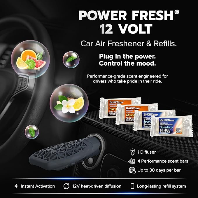 Drive Time Power Fresh Refillable Car Air Freshener – 12V Plug-In Reusable Car Scents Air Enhancer with Long-Lasting Scent Up to 30 Days – Includes 4 Scent Bars – Compact Design - Silver