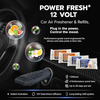 Drive Time Power Fresh Refillable Car Air Freshener – 12V Plug-In Reusable Car Scents Air Enhancer with Long-Lasting Scent Up to 30 Days – Includes 4 Scent Bars – Compact Design - Silver