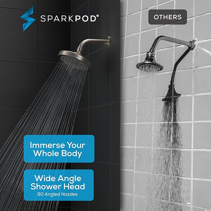 SparkPod Shower Head - High Pressure Rain - Premium Quality Luxury Design - Easy Clean Adjustable Replacement for Your Bathroom Shower Heads (Elegant Brushed Nickel, 6 Inch Round)