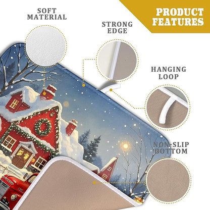 Christmas Dish Drying Mat for Kitchen Counter 16x18 Red Truck Winter Xmas Snow Scene Holiday Theme Absorbent Reversible Microfiber Drying Mats Kitchen Countertop Protector Dishes Drainer Pad