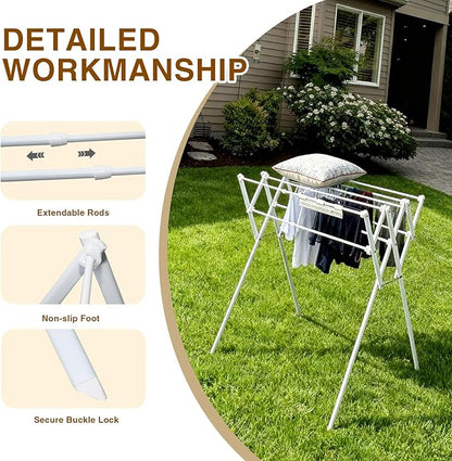 Collapsible Expandable Metal Clothes Drying Rack, Foldable & Portable Laundry Drying Rack, Space-Saving Design, Indoor & Outdoor Drying, Ideal for Laundry Room 16lb Capacity, Frosted White