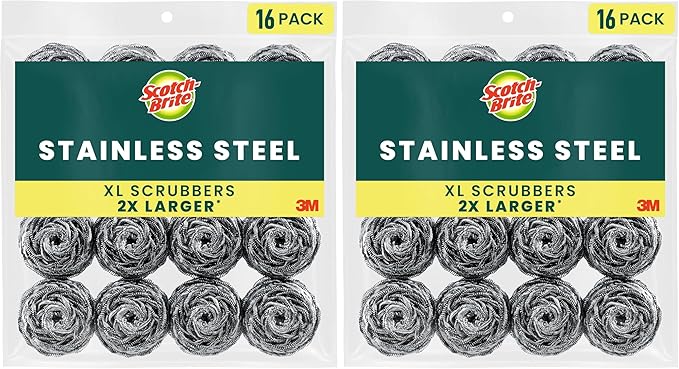 Scotch-Brite Stainless Steel Scrubbers, Durable, Ideal for Uncoated Cookware, 16 Scrubbers (Pack of 2)