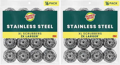 Scotch-Brite Stainless Steel Scrubbers, Durable, Ideal for Uncoated Cookware, 16 Scrubbers (Pack of 2)