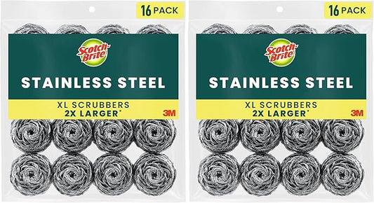 Scotch-Brite Stainless Steel Scrubbers, Durable, Ideal for Uncoated Cookware, 16 Scrubbers (Pack of 2)