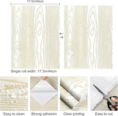 Yun-aeon Beige and Gold Wood Contact Paper 17.3"x120" Rustic Wooden Peel and Stick Wallpaper Removable Self-Adhesive Wallpaper Wood Grain Contact Paper for Countertops Cabinets
