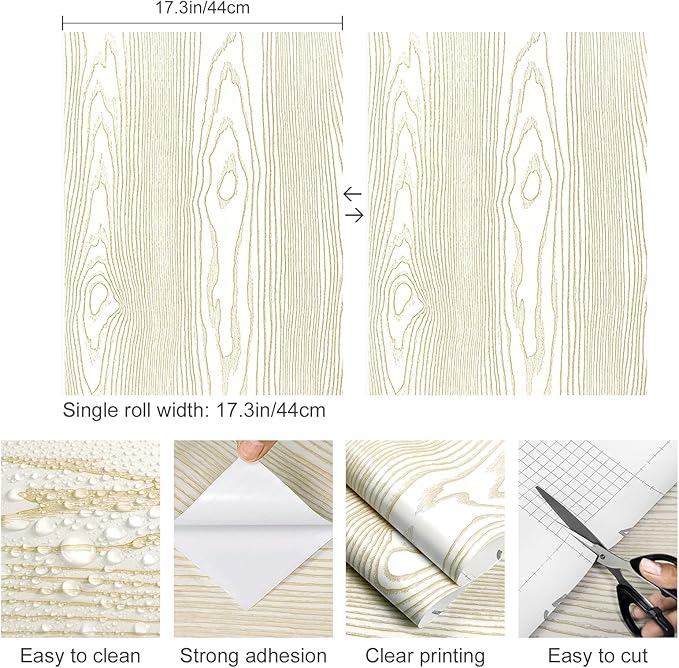 Yun-aeon Beige and Gold Wood Contact Paper 17.3"x200" Rustic Wooden Peel and Stick Wallpaper Removable Self-Adhesive Wallpaper Wood Grain Contact Paper for Countertops Cabinets