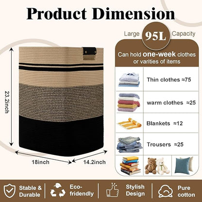 Laundry Hamper, 95L Tall Laundry Basket with Leather Handles, Rectangle Large Clothes Hamper for Organizing, Cotton Woven Laundry Baskets Storage Hampers for Bedroom, Nursery, Living Room