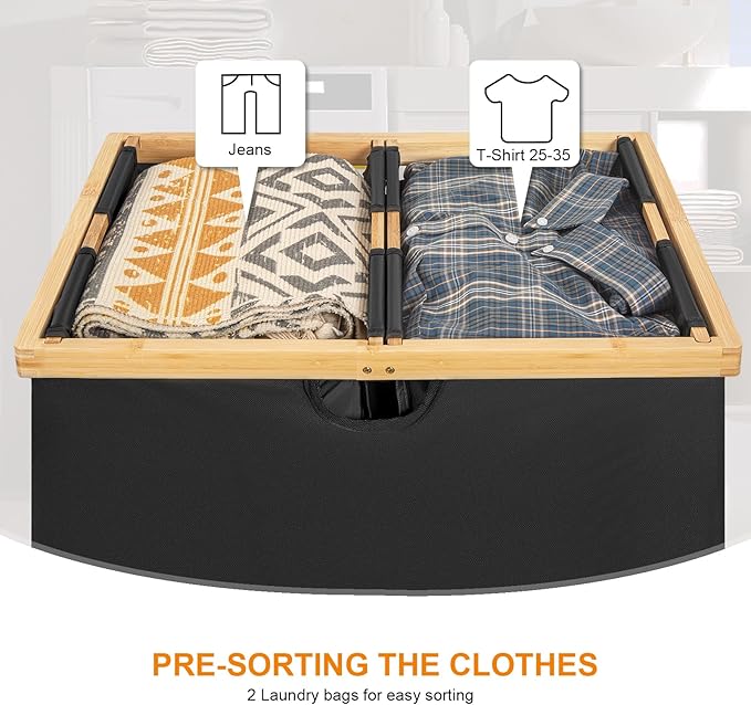 WOWLIVE 165L Double Laundry Hamper with Lid Bamboo Laundry Basket 2 Section,Large Dirty Clothes Hamper with Removable Linner Bags,Laundry Bin Organizer Storage for Dorm,Bedroom,Bathroom,Black