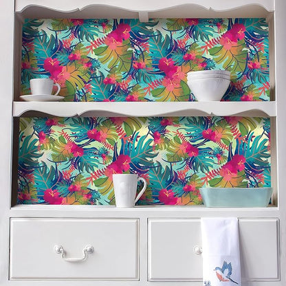 VaryPaper 17.7"x315" Tropical Peel and Stick Wallpaper Leaf Floral Wallpaper Waterproof Decorative Floral Contact Paper for Walls Removable Self Adhesive Wall Mural for Bedroom Bathroom Cabinets