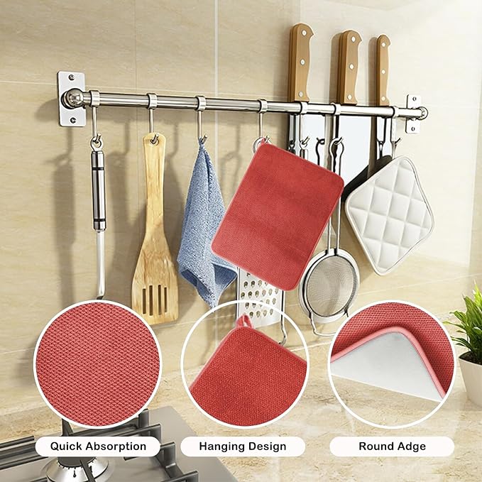 2 Pcs Microfiber Dish Drying Mats with Hanging Loop, Absorbent Dish Drying Pad, 12 x 16 Inch Dishes Drainer Pads, Washable Dish Drainer Mats for Kitchen Counter, Drainer Racks, Sinks (Red)