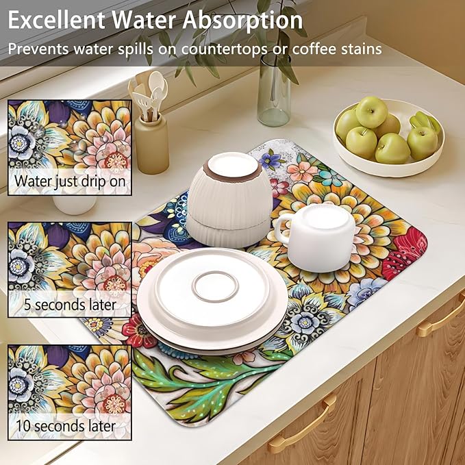 Dish Drying Mat for Kitchen Counter 2 Pack with Non-Slip Rubber Backing - Heat-Resistant Absorbent Coffee Bar Mat, Dish Rack Mat, Mandala Flower Dish Drying Mats 18x24+19.5x12 inch