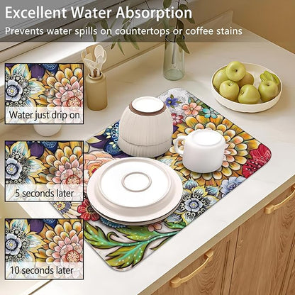 Dish Drying Mat for Kitchen Counter 2 Pack with Non-Slip Rubber Backing - Heat-Resistant Absorbent Coffee Bar Mat, Dish Rack Mat, Mandala Flower Dish Drying Mats 18x24+19.5x12 inch