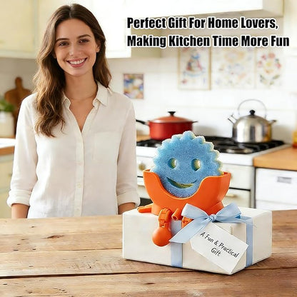 Cute Hanging Sponge Holder with Drainage,3D Printed Kitchen Funny Sponge Stand for Sink,with non-slip pads,Suitable for Scrub Daddy Holder,Keeps Your Sponge Dry Smiling (Orange)