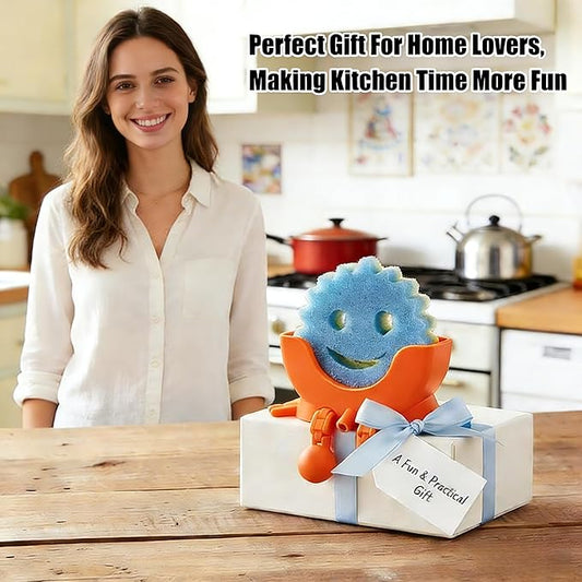 Cute Hanging Sponge Holder with Drainage,3D Printed Kitchen Funny Sponge Stand for Sink,with non-slip pads,Suitable for Scrub Daddy Holder,Keeps Your Sponge Dry Smiling (Orange)