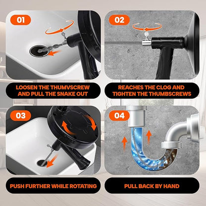 Drain Snake 25 Ft, Drain Auger Hair Clog Remover Heavy Duty Flexible Plumbing Snake Bathroom Kitchen Sink Cleaner Tools for Shower Bathtub Pipe