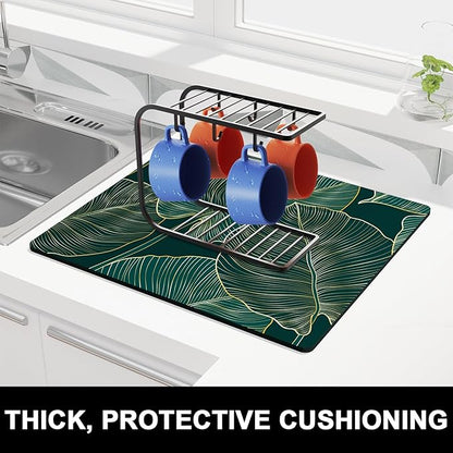Rnivvi Dish Drying Mat for Kitchen Counter, 16 x 18" Boho Theme Absorbent Heat Resistant Drying Pad with Non-slip Rubber, Coffee Bar Mats for Dish Rack Kitchen Decor Accessories, Tropical Palm