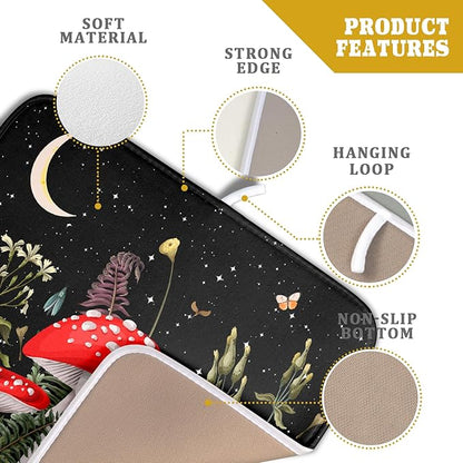 Red Mushroom Dish Drying Mat for Kitchen Counter Plant Leaves Drainer Mats Rack Holder Countertop Absorbent Microfiber Coffee Pads 16x18 Inch