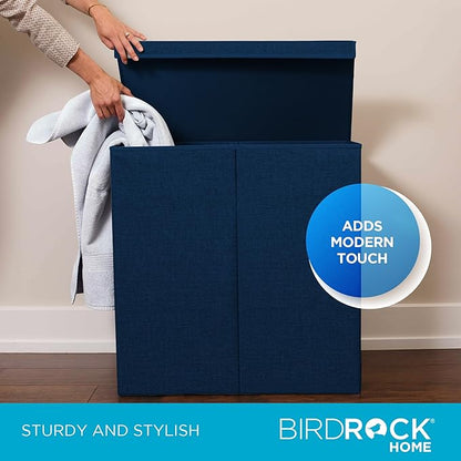 BIRDROCK HOME Laundry Hamper with Lid | Removable Bags for Sorting Clothes | Sectioned Laundry Basket for Bedroom & Bathroom | Collapsible Storage Bin with Cover | Double, Navy