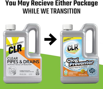 CLR Brands Clog Preventer Monthly Build Up Remover, 42 oz. Bottle, Drain Cleaner, Degrades Oils, Grease, Proteins and Fatty Acids, Safe for All Pipes and Septic Systems
