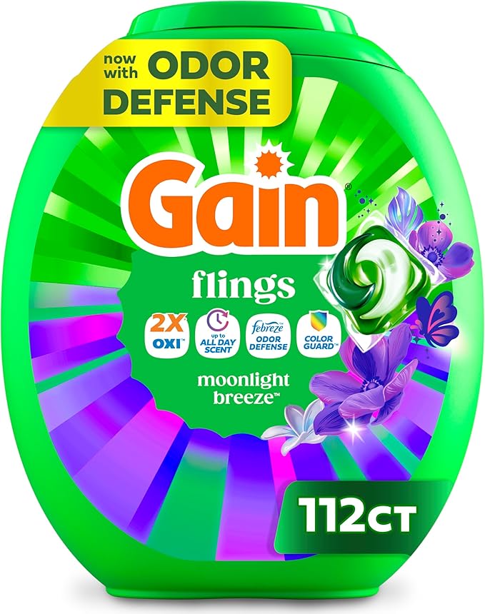 Gain Flings Laundry Detergent Pods Odor Defense + Color Guard, Moonlight Breeze Scent, 3 in 1 HE Detergent Pacs with Oxi Boost and Febreeze, 112 Count (Packaging May Vary)
