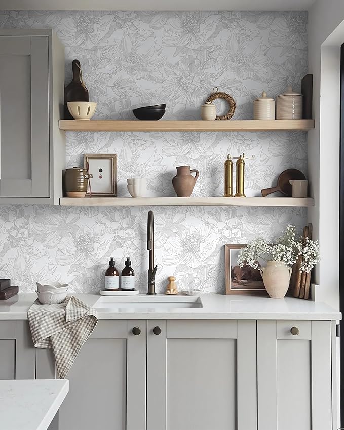 Ismoon Large Floral Peel and Stick Wallpaper Boho White/Grey Contact Paper 17.3inx16.3ft Removable Self Adhesive Bedroom Cabinet Mural Wall Decor Vinyl Roll