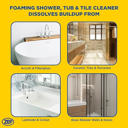 Zep Foaming Shower Tub and Tile Cleaner - 32 oz (Case of 4) ZUPFTT324 - No Scrub Formula, Breaks up Tough Buildup on Contact