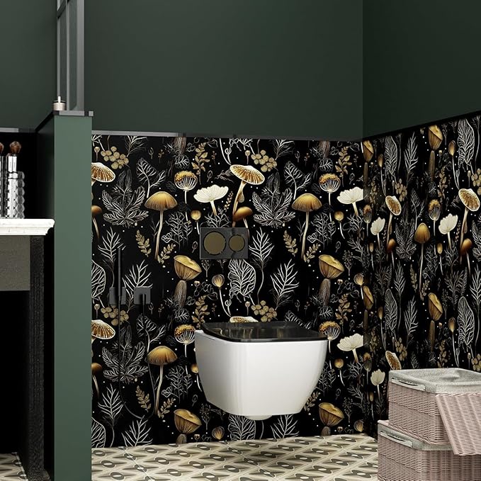 Laatse Boho Wallpaper Peel and Stick Dark Floral Contact Paper 17.5" x 197" Vinyl Self Adhesive Vintage Mushrooms Wall Mural Leaf Wall Paper for Room Countertop Drawer Decor(Golden,Black)