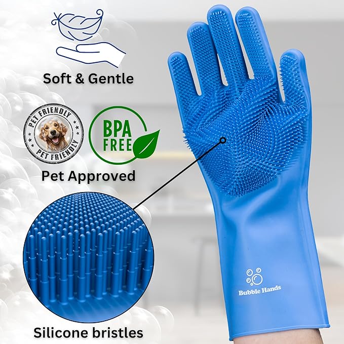 Dog Washing Gloves with Bristle Scrubbers, Reusable Silicone Gloves Ideal for Pet Bathing, Massaging & Grooming (Blue)