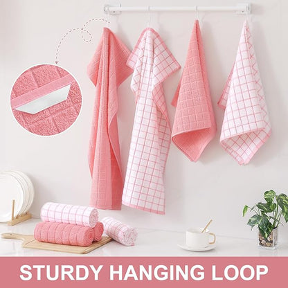 Homaxy Premium Cotton Kitchen Towels 16"x 28", Large Natural Ring Spun 390 GSM Dish Towels, Super Absorbent Terry Kitchen Hand Towels, Soft Tea Towels with Hanging Loop, Pink Check Design, 6 Pack