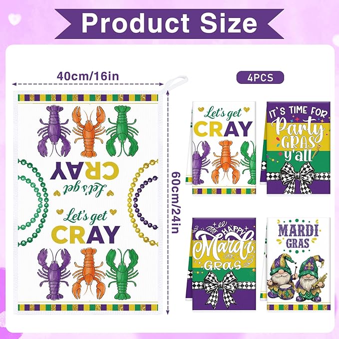 Mardi Carnival Gras Kitchen Towels, 4PCS Let's Get Cray Dish Towels for Cooking Cleaning, Gnome and Crawfish Absorbent Tea Towel with Hanging Loop for Home Decor(16 X 24 Inches)