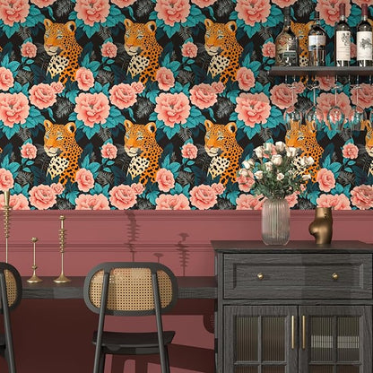 Fvlow Pink Floral Wallpaper Peel and Stick Leopard Jungle Contact Paper Wall Paper Waterproof Self-Adhesive Wall Covering for Bedroom Countertop Desk Cabinets Decor Renter Friendly 17.4" x 118"