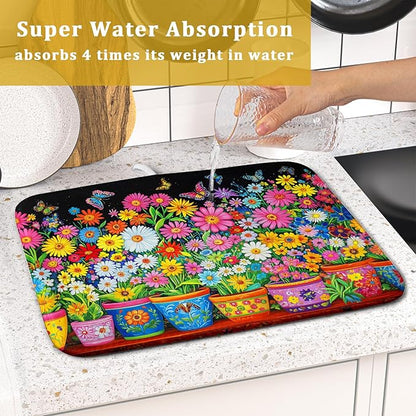 Colorful Floral Dish Drying Mat 16 X 18 Black Spring Flowers Absorbent Microfiber Kitchen Decor Counter Mats