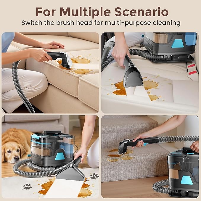 DEVOAC C8 Portable Carpet Upholstery Spot Cleaner Machine with Versatile Tools, Self-Cleaning, 18Kpa Powerful Suction, Pet Stain Remover, Car and Auto Detailer (Cyan)