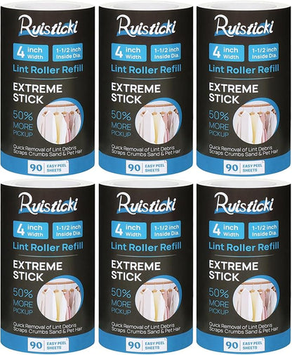 4 inch Extreme Stick Lint Roller Refills for Evercare PetLovers Value Pack of 6 Extra Sticky Pet Lint Roller Refills 90 Sheets per Roll - 540 Sheets Total (Inside Dia. 1 1/2 inch)
